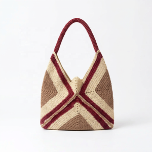 Grand sac fourre-tout bohème en raphia fait main, écologique, avec motif chevron à panneaux, en beige, à ouverture supérieure, pour usage quotidien - Product Image 3