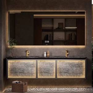 Meuble de salle de bain en bois massif avec lavabo en céramique, miroir intelligent et panneau mural en pierre, personnalisé pour hôtels de luxe haut de gamme - Product Image 1