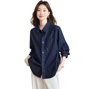 Camisa de Mezclilla de Manga Larga Estilo Mori Retro Artístico de Algodón para <span class=keywords><strong>Mujer</strong></span>, Nueva Blusa Coreana Bordada de Otoño para <span class=keywords><strong>Mujer</strong></span> - Product Image 5