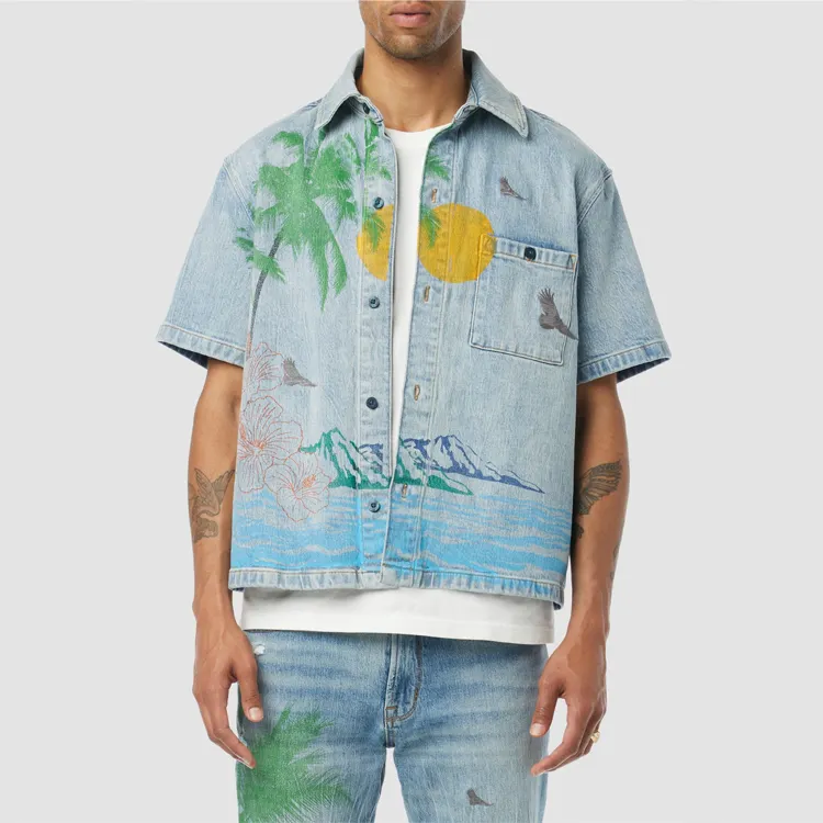 Mens denim printed shirts summer hawaii styles digital printed pattern single button up denim shirts