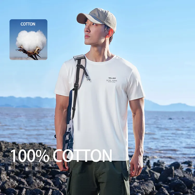 Pelliot Summer T Shirt Men Breathable 100% Cotton Short Sleeves O-Neck Woven Silk Screen Printing Unisex Logo Letter Quick"