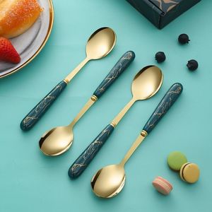 Marble Pattern Stainless Steel Spoon Set Long Handle Durable For Soup And Meals Daily Use - Product Image 1