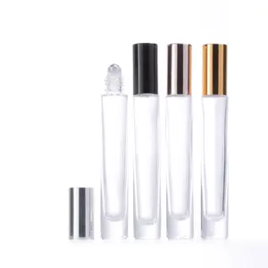 10ml empty refill round rectangle gold silver black aluminum long cap perfume essential oil glass roller roll on bottle