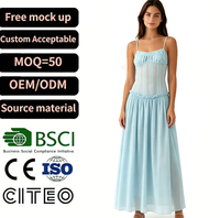 Robe longue bleu clair à fines bretelles, corsage transparent, ourlet à volants, élégante, pour l'été, la plage, les invitées de mariage, vêtements de mode féminine