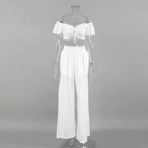 Enyami Romantic Cotton Jacquard Loose Co Ords Shrugs Short Sleeve Crop Tops Split Wide Leg Pants Elegant Two Piece Sets Women