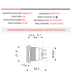 24V 스테인리스 스틸 알루미늄 IP65 산업용 등급 가전제품 푸시 버튼 순간 작동 NC NO 접점 10A 250V 스위치 - Product Image 6