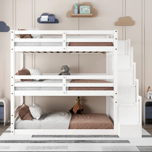 <span class=keywords><strong>Lit</strong></span> superposé triple en bois massif moderne <span class=keywords><strong>pour</strong></span> enfants avec design convertible et étagères de rangement - Product Image 2