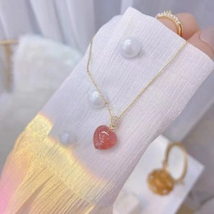Strawberry Quartz Heart Necklace Pink Crystal Pendant Bezel Setting Everyday Wear 10cm Extended Chain - Product Image 1