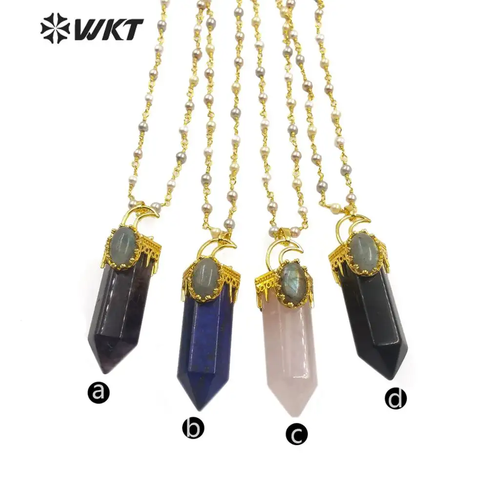 Colar com pingente em pedra preciosa, pingente estilo colar feminino de pedra preciosa, com corrente de pérola e lua, WT-N1183