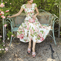 Robe élégante pour femme à imprimé floral rose, col carré, manches bouffantes, taille haute, plissée, coupe trapèze, longueur midi, style vintage pour fêtes en jardin