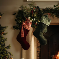 Grandes chaussettes de Noël en velours personnalisées, super douces, bordeaux, vierges, avec nœud, pour cadeaux, imprimées rouge et vert