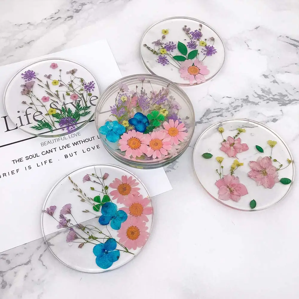 Colorful Floral Drink Coasters Reusable Kitchen Dining Cups with Epoxy Resin and Silicone Natural Flower Cup Mat