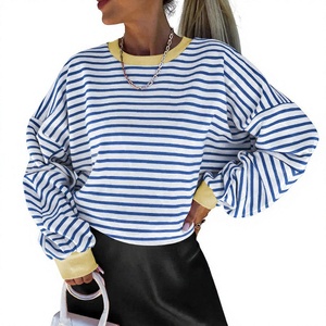 Sweat-shirt rayé oversize pour femme, col rond, épaules tombantes, manches longues, tricoté, décontracté, pour le printemps, prix abordable, haute qualité - Product Image 3