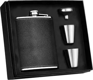 Flacon de hanche à liqueur de whisky en cuir noir en acier inoxydable de 8oz avec boîte-cadeau pour hommes