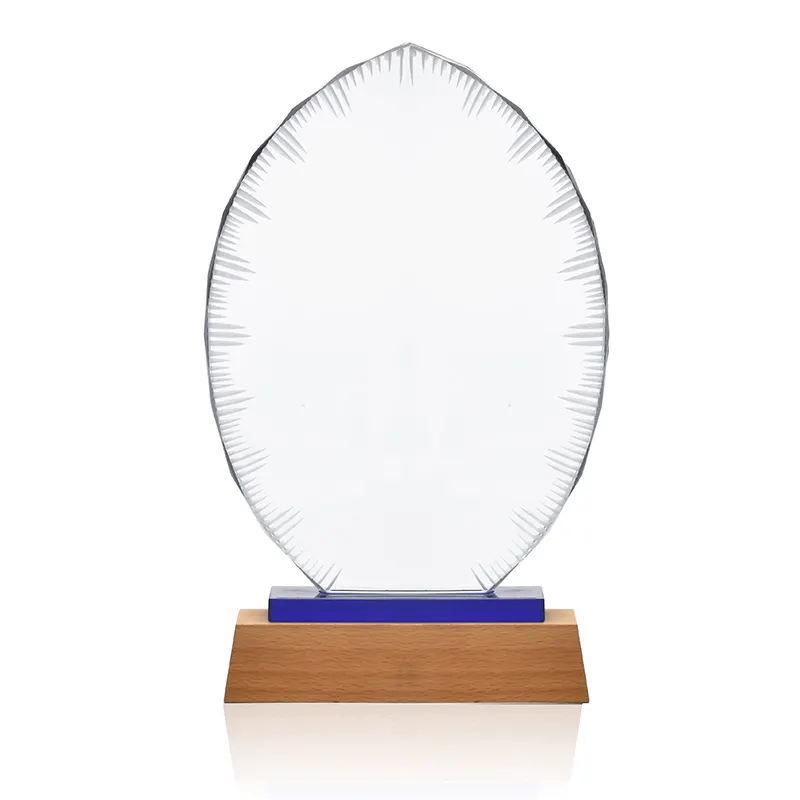Wholesale Plain Style Transparent Crystal Glass Awards Trophies Custom Logo Glass Award With Wood Base