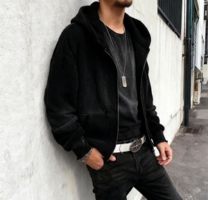 Felpa con <span class=keywords><strong>Cappuccio</strong></span> Oversize Personalizzata da <span class=keywords><strong>Uomo</strong></span> in Maglia Waffle, Manica Lunga, <span class=keywords><strong>Zip</strong></span> Frontale, Stampa Streetwear Effetto Sbiadito, in Cotone - Product Image 3