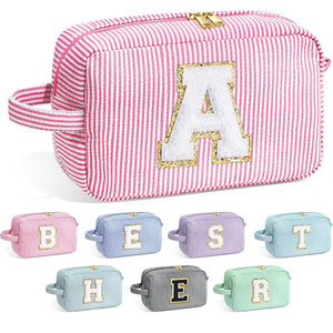 China <strong>Manufacturer</strong> Custom Pink Stripe Birthday Gift Initial Makeup Toiletry Organizer <strong>Cosmetic</strong> <strong>Bag</strong> - Product Image 6