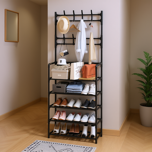 Scarpiera moderna a 5 livelli con appendiabiti, organizer autoportante per ingresso, in metallo, per scarpe, cappelli, cappotti, stivali, camere da letto - Product Image 2