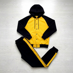 Ensemble de survêtement unisexe jaune et noir à blocs de couleur, à capuche, manches longues, décontracté, pour l'automne, avec poches latérales, coupe classique - Product Image 1