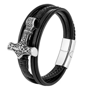 Charm Stainless Steel Cross Magnetic Clasp Multi-layer Italian Genuine Leather Bracelets For Men Wholesale Jewelry