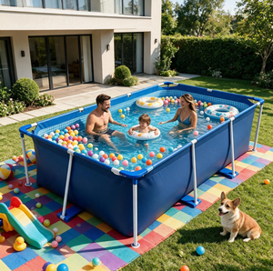 Piscine hors sol rectangulaire bleue avec structure en acier, montage rapide, pour la famille, jardin extérieur, avec bâche de sol - Product Image 1