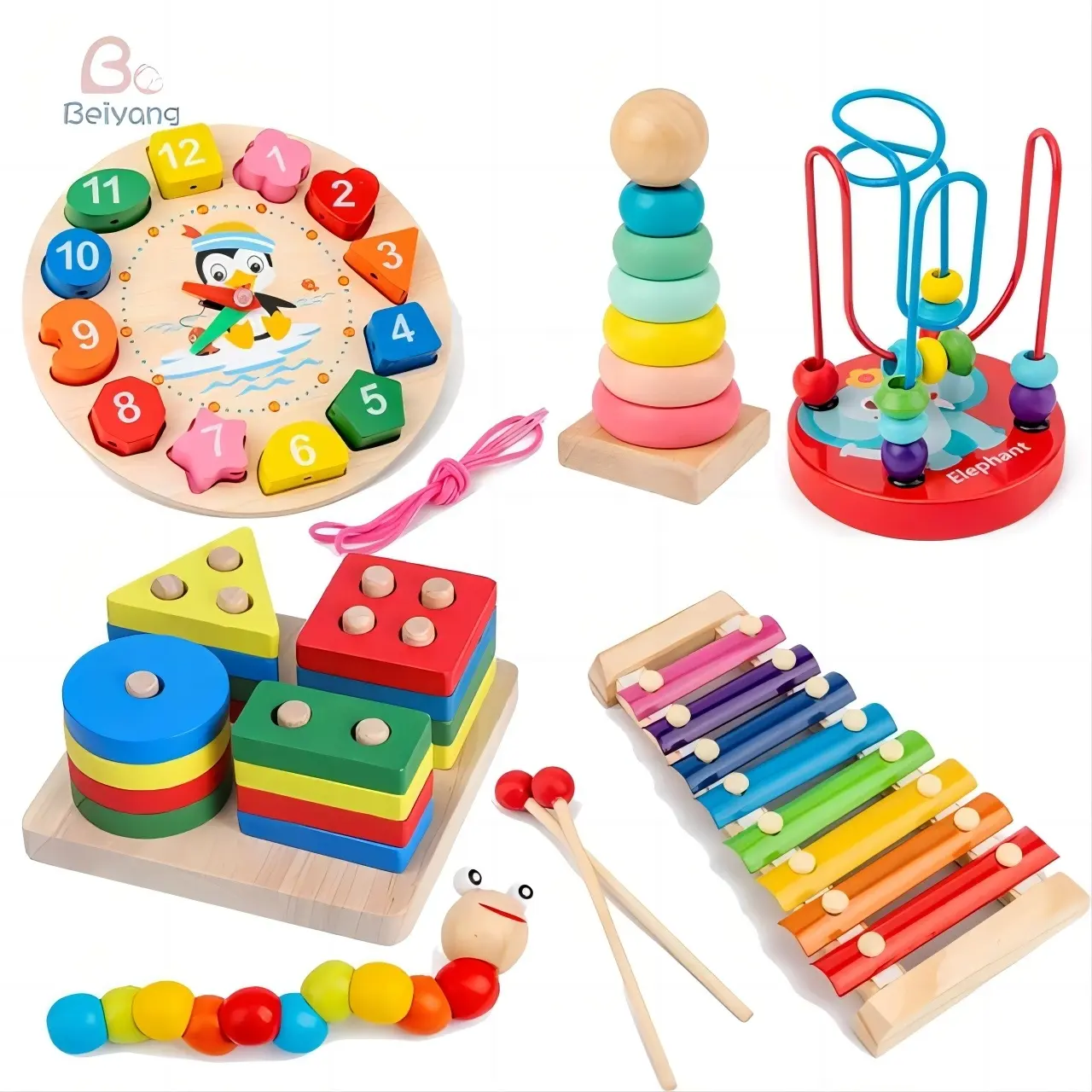 Montessori ahşap bebek oyuncak seti | Erkek ve kız için gelişim oyunları ve bulmacalar | Eğitim öğretici oyuncaklar (5-6 adet)