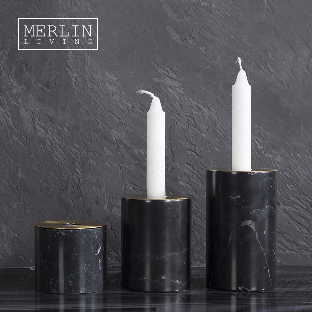 Set di 2 Portacandele a Forma di Cilindri di Marmo Nero
