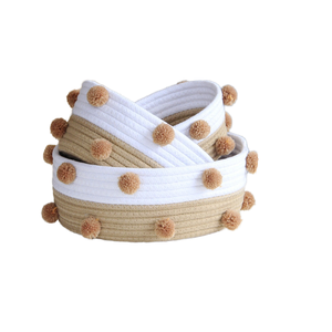 Cesta de Algodón Tejida Plegable Pequeña Rosa y Blanca con Pompones para Maquillaje, Toallas y Regalos, Ideal para Sala de Estar - Product Image 1
