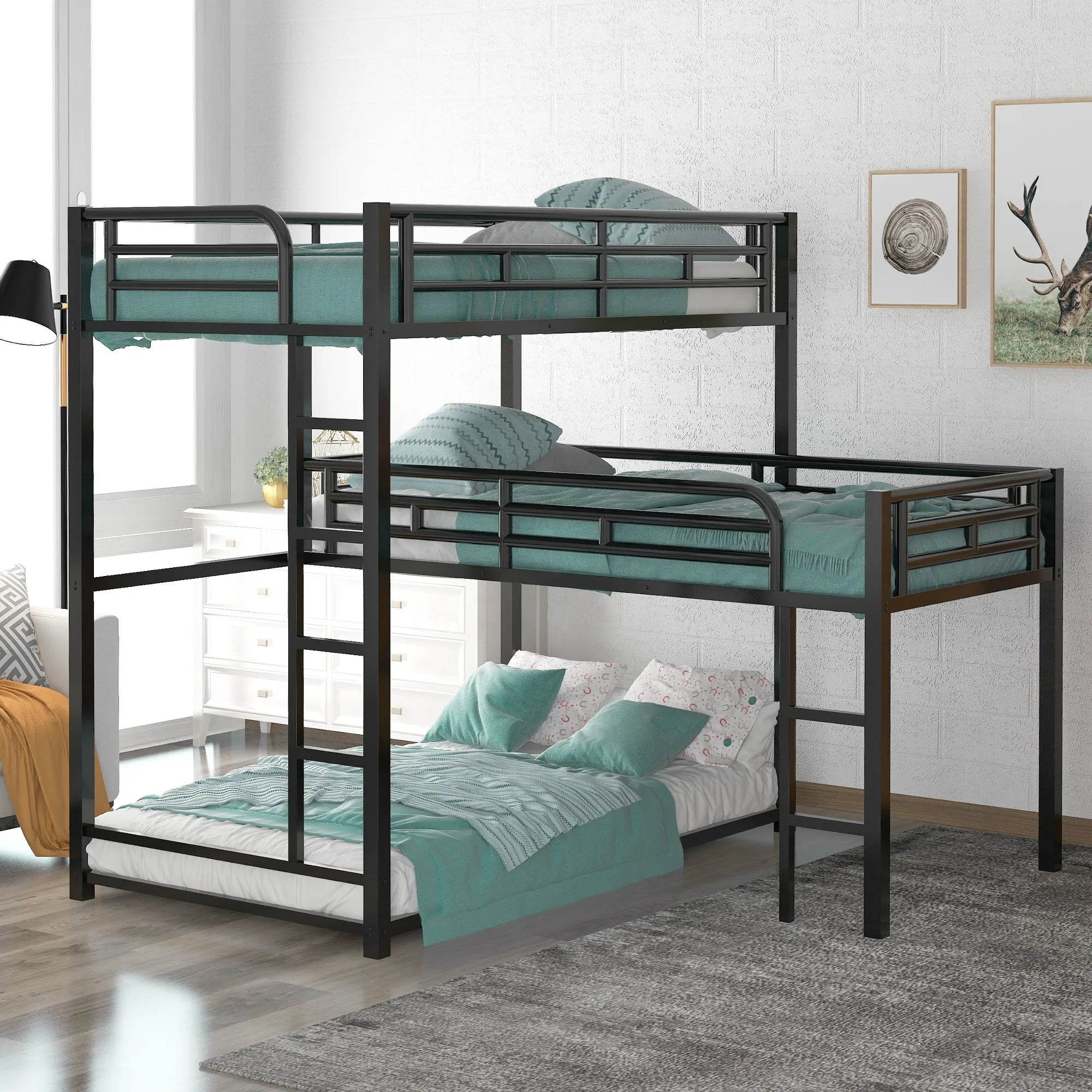 Bellemave home furniture metal triple bunk bed with stairs metal bed frame