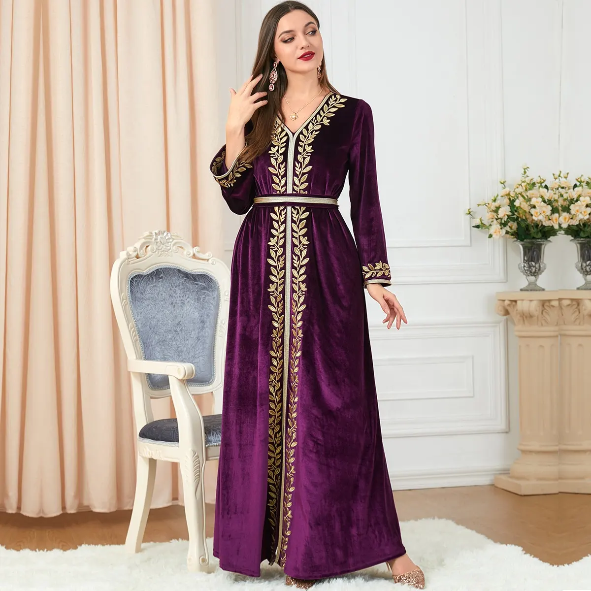 Vestido de inverno elegante e elegante bordado de veludo feminino abaya, vestido solto de manga comprida para festa de noite, vestido muçulmano marroquino kaftan islâmico Dre
