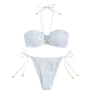 Oem Women's Bikini Sets Ribbed Two Piece Swimsuit Underwire Adjustable Hook Bathing Suit High Cut Thong Tie Side Swimwear