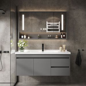 Jediman Bathroom Vanity With Smart Mirror Grey Minimalist Design Integrated Ceramic Basin Illuminated Sink Cabinet Set - Product Image 3