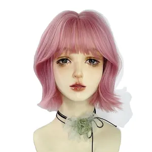 Short Pink Wig with Bangs for Women Girls Wavy Synthetic Hair Curly Pink Cute Wigs Shoulder Length Daily Party Lolita Hair