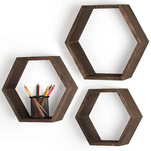Nordic Style Frame hanging Mounted Storage floating wood hexagon wall shelf