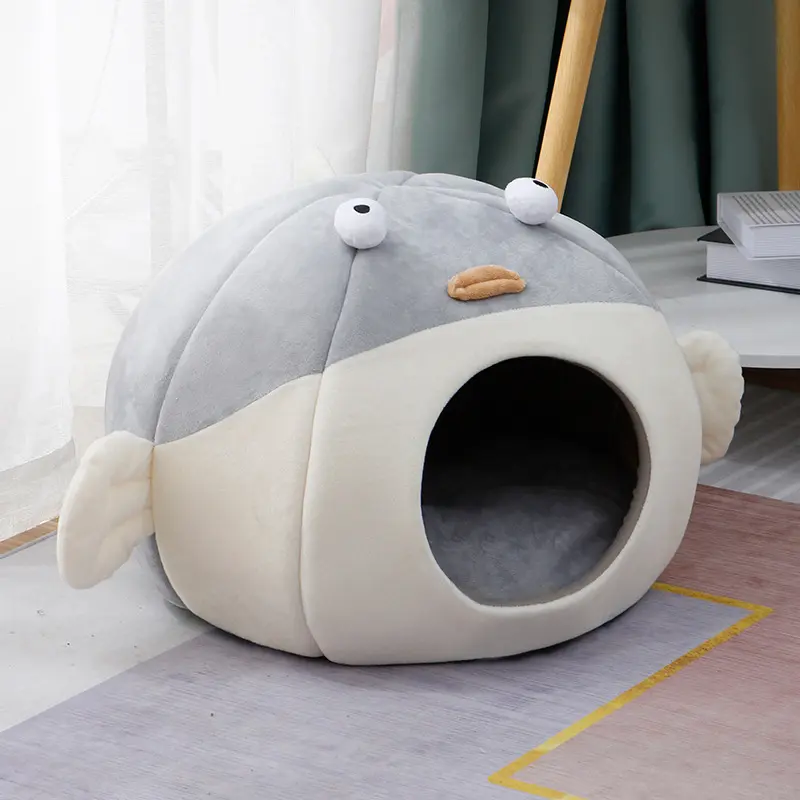 Cama para perro en forma de pez, productos para mascotas, casa para gato, segura, semicerrada, felpa cálida, interior, para invierno