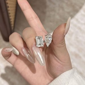Bagues élégantes en argent pur S925 avec deux pierres en forme de poire, goutte d'eau, cube de sucre, diamant - Product Image 4