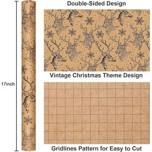 Kraft Christmas <b>Wrapping</b> <b>Paper</b> Roll 17 Inch X 33 Feet Vintage Deer Snowflakes Print Brown Packaging <b>Paper</b> - Product Image 3