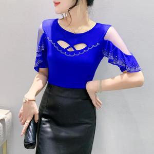 Camisa de Mujer de Verano, Nueva, Original, Exquisita, con Pedrería, Doble Capa de Malla, Volantes, Manga Corta, a la Moda, Combinable con Todo - Product Image 1