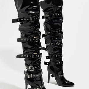 Bottes Hautes Style Punk Motard pour Femme, à Talons Hauts, Bout Pointu, <span class=keywords><strong>Cloutées</strong></span>, avec Fermeture Éclair et Boucle de Ceinture pour l'Hiver - Product Image 3