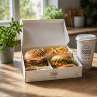 Boîte d'emballage alimentaire biodégradable personnalisée avec logo pour la livraison rapide de burgers, poulet frit et frites – Vente en gros pour marques