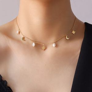 Colgante de perlas de agua dulce de acero inoxidable para mujer, colgante de lunas y estrellas, regalo para madre - Product Image 1