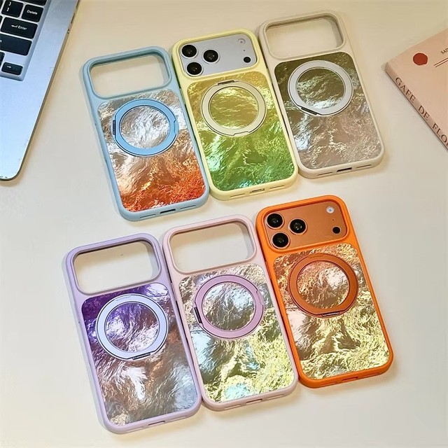 Bling Gradient Ombre Magnetic Stand Phone case for iPhone 17 16 15 14 Pro Max Laser Holder Rainbow Seashell IMD Back Cover