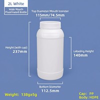 Botol HDPE Berfluorinasi 2 Liter dengan Leher Besar, Wadah Kemasan Plastik dengan Tutup Anti Bocor dan Anti Maling untuk Lem dan Pelarut