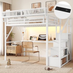 Lit mezzanine 194*141CM avec bureau et prise électrique, lit mezzanine avec escalier et éclairage pour enfants et adolescents, dortoir, ODM/OEM disponible - Product Image 1