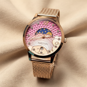 Montre <span class=keywords><strong>pour</strong></span> femme plaquée or avec affichage des phases lunaires roses, motif nuit étoilée et bracelet en maille chevrons, boîtier en acier inoxydable - Product Image 1