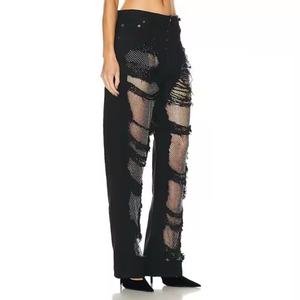 กางเกงยีนส์ขายส่งคุณภาพสูงเอวต่ำทรงหลวมขาตรงขากว้างแต่งผ้าลูกไม้และผ้าออร์แกนซ่าสำหรับผู้หญิง - Product Image 2