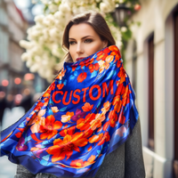 CHROMA Foulard Carré en Soie Imprimé Floral Bleu Royal 90cm, Grand Carré en Satin de Polyester pour Mariage, Mode et Cadeau