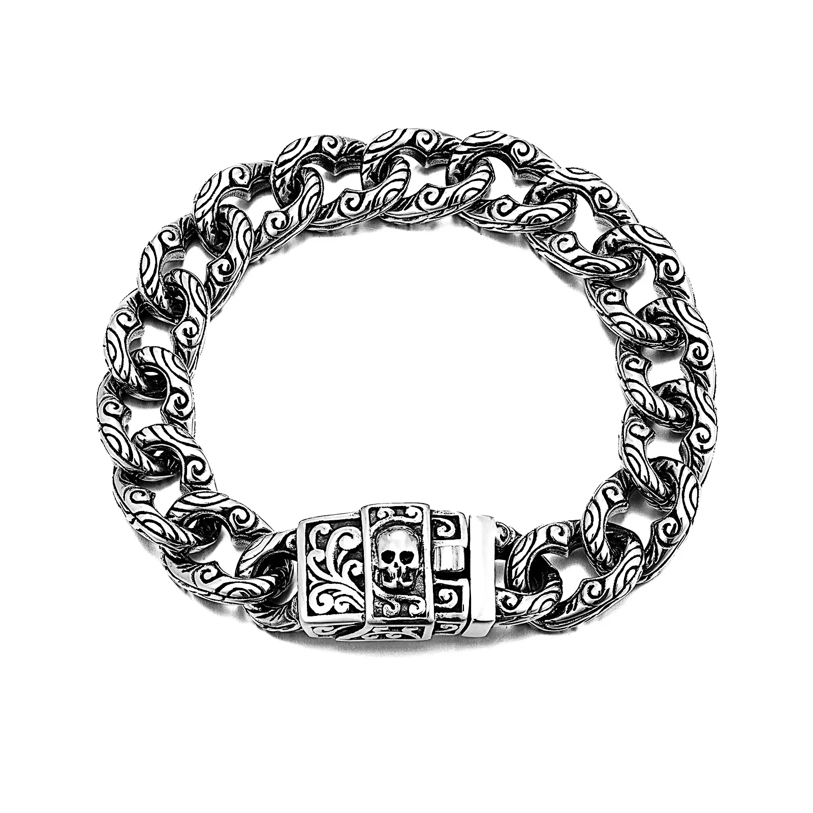 Foreign Trade Jewelry Silver Skull Bracelet Bulk Vintage Engraved Stainless Steel Metal Chunky Bracelet Bangle