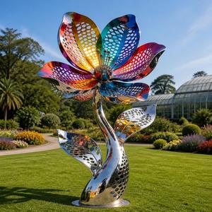 Sculpture florale en acier inoxydable arc-en-ciel, design de pétales de feuilles irisées, décoration artistique pour l'aménagement paysager des places publiques et des jardins - Product Image 5