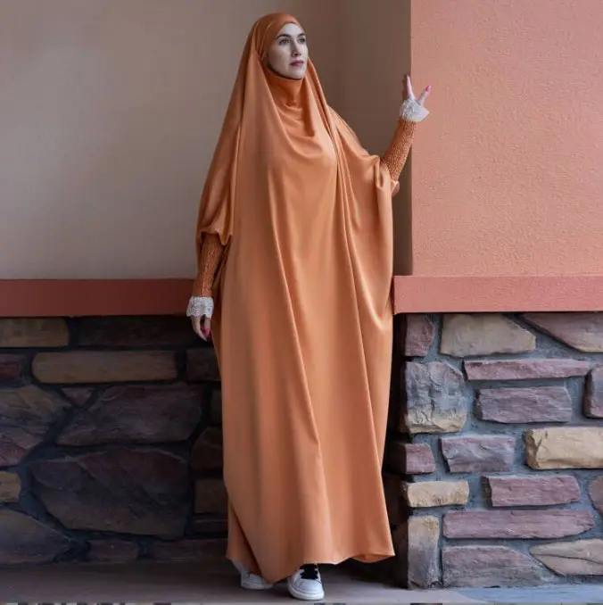 LMY toptan yeni tasarım 9 renkler tek parça fransız kadın namaz elbise saten dantel jilmuslim abaya ile müslüman kadın için